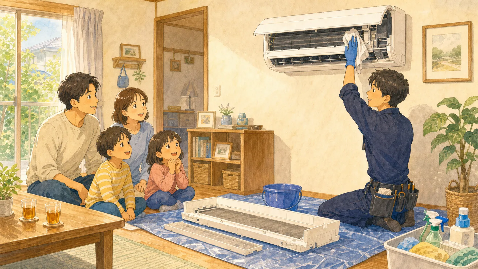 温かい手描きアニメ調で、子育て世帯・エアコン分解洗浄・安心感が伝わるイメージ
